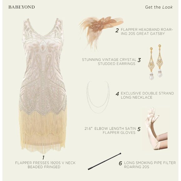 Women’s Beaded Flapper Dress 1920s Gatsby Style with Accessories Medium - Picture 3 of 5